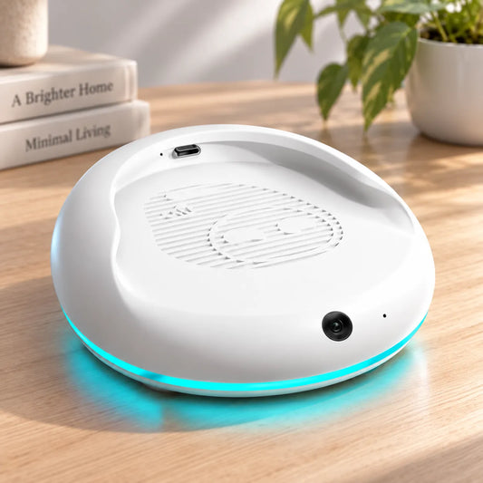 Die Eilik AI Station allein auf einem Holztisch, schräg von oben: weißes Gehäuse mit Lautsprechergitter, USB-C-Anschluss, Kamera an der Vorderkante und türkis leuchtendem Ring am Fuß.
