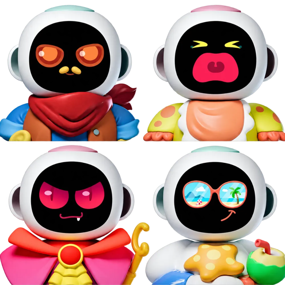 Die vier Körper aus SpinKit I freigestellt: Cowboy, Baby, Dracula, Hawaii, jeder mit eigenem Gesicht.