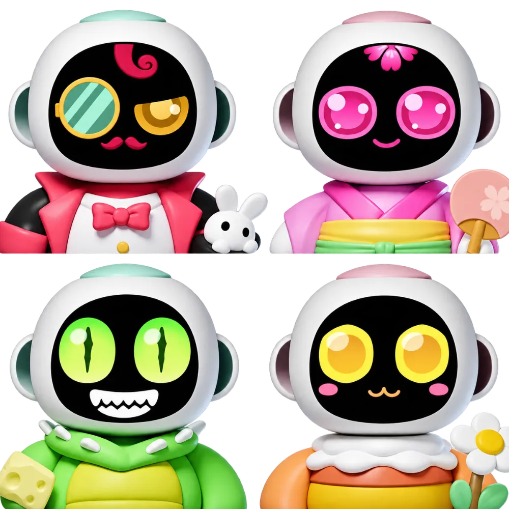 Die vier Körper aus SpinKit II freigestellt: Bee, Magician, Dino, Eiliko Chan, jeder mit eigenem Gesicht.