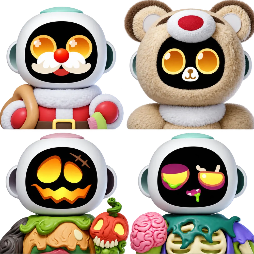 Die vier Körper aus SpinKit III freigestellt: Santy, Rudy, Pumpy, Zomie, jeder mit eigenem Gesicht.
