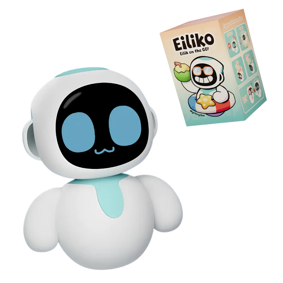 Ein Eiliko in Türkis, freigestellt, daneben die Mystery-Box.