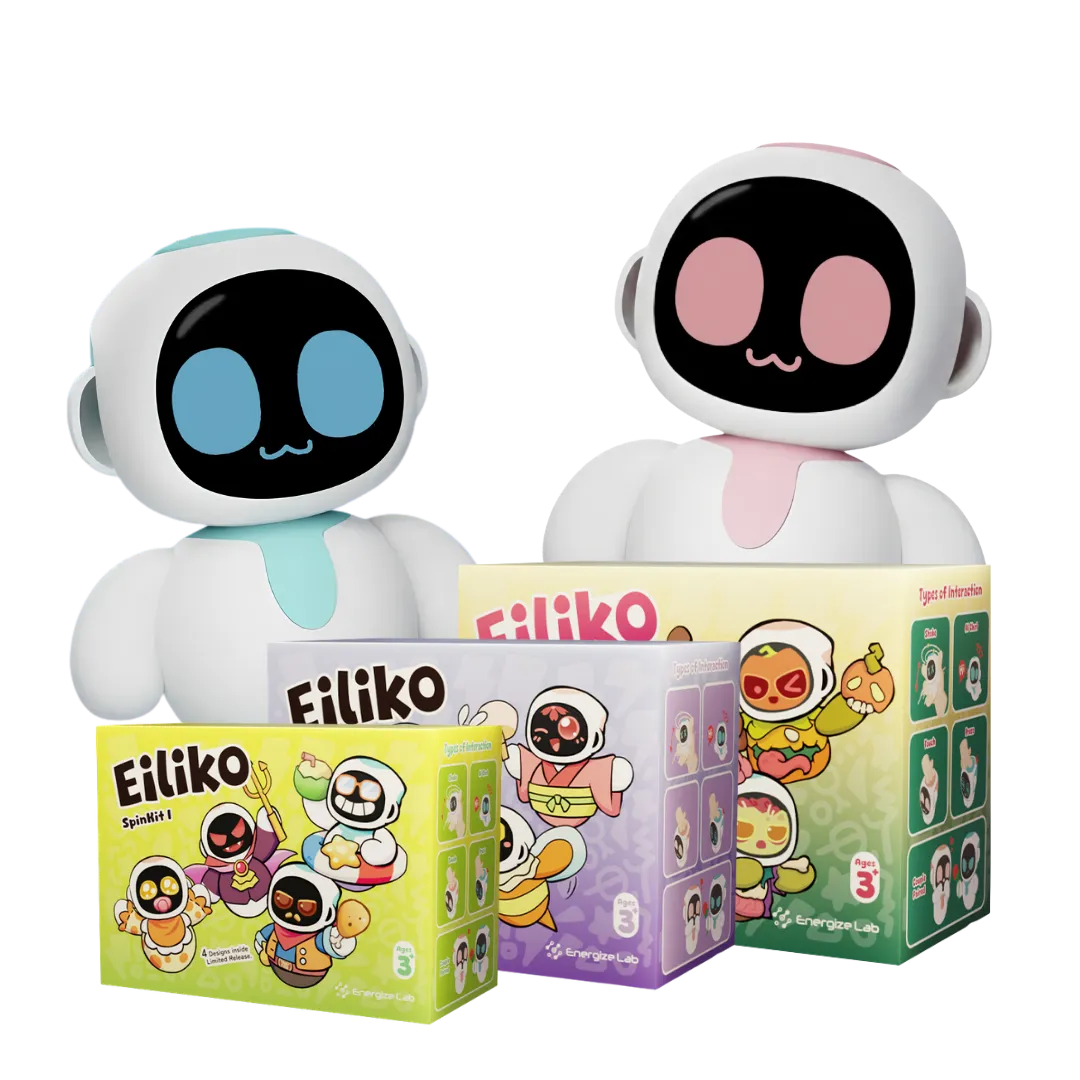 Zwei Eiliko, Türkis und Rosa, freigestellt, davor die drei SpinKit-Schachteln.